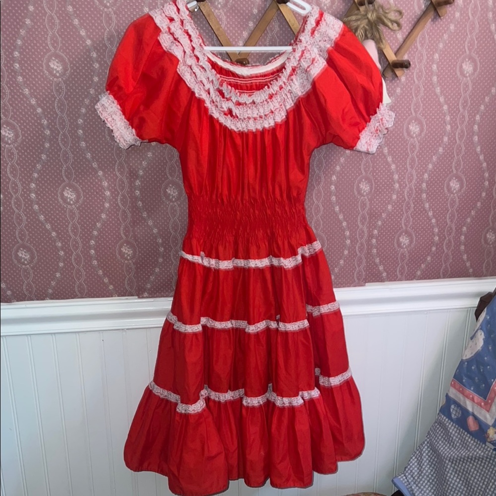 Vintage Handmade Red Dress with Lace Trim